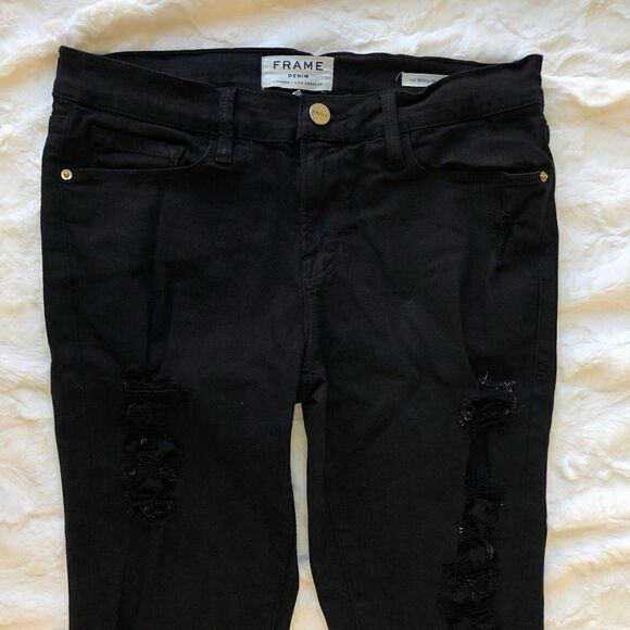 Frame De Jeanne Black Distressed Skinny Jeans - Women’s 28 - Picture 3 of 9